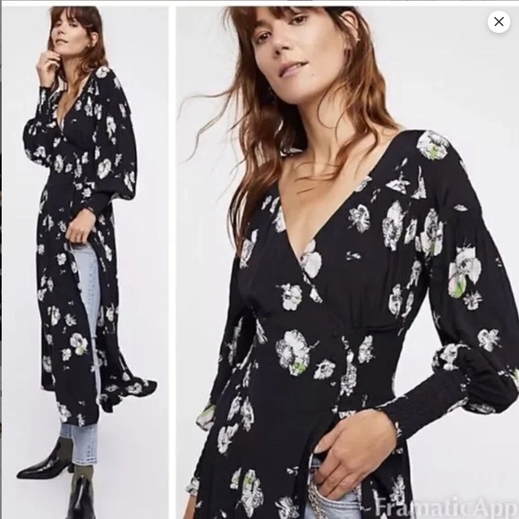Free People Dark Floral Wrap Midi Dress M So Sweetly Balloon Sleeve Boho Witchy - Picture 11 of 14
